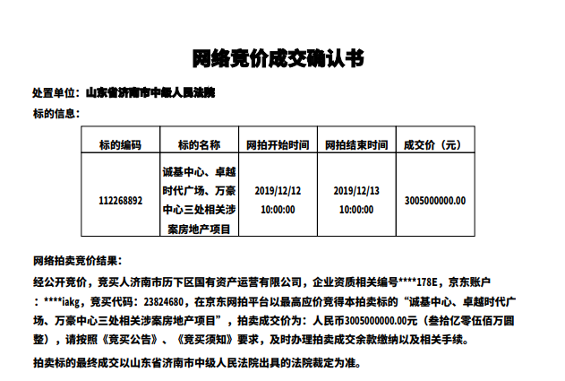 30.05亿!济南诚基中心等三处涉案房产起拍价卖出 历下控股接手