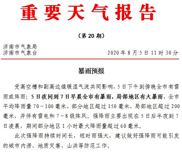 连下三天!5日夜间到7日早晨济南全市将有暴雨 局地大暴雨